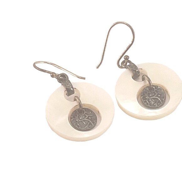 Vintage Mother Of Pearl & Metal Dangle Earrings Israel Made - Picture 1 of 10